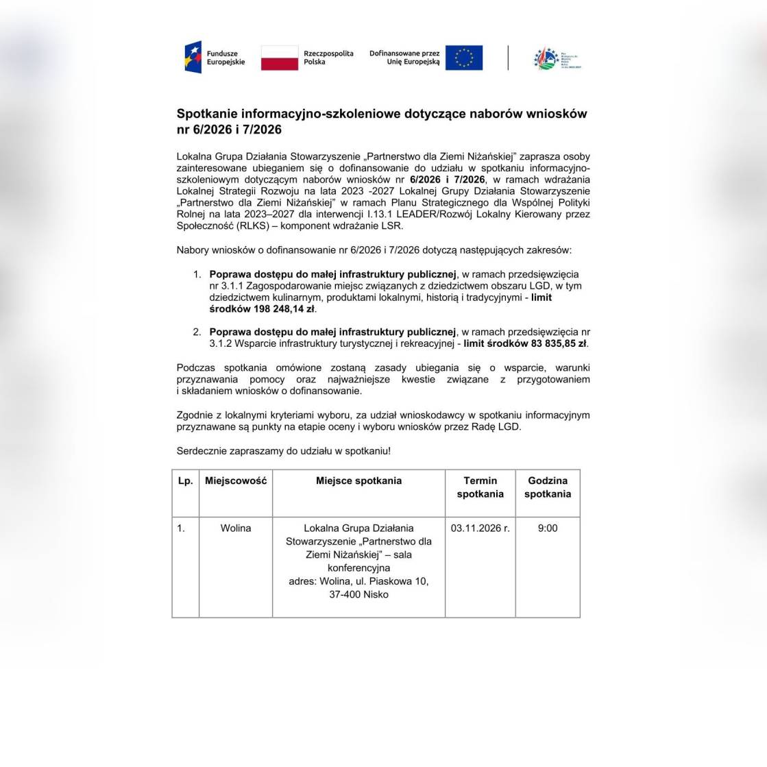 Spotkanie informacyjno-szkoleniowe dotyczące naborów wniosków nr 6/2026 i 7/2026