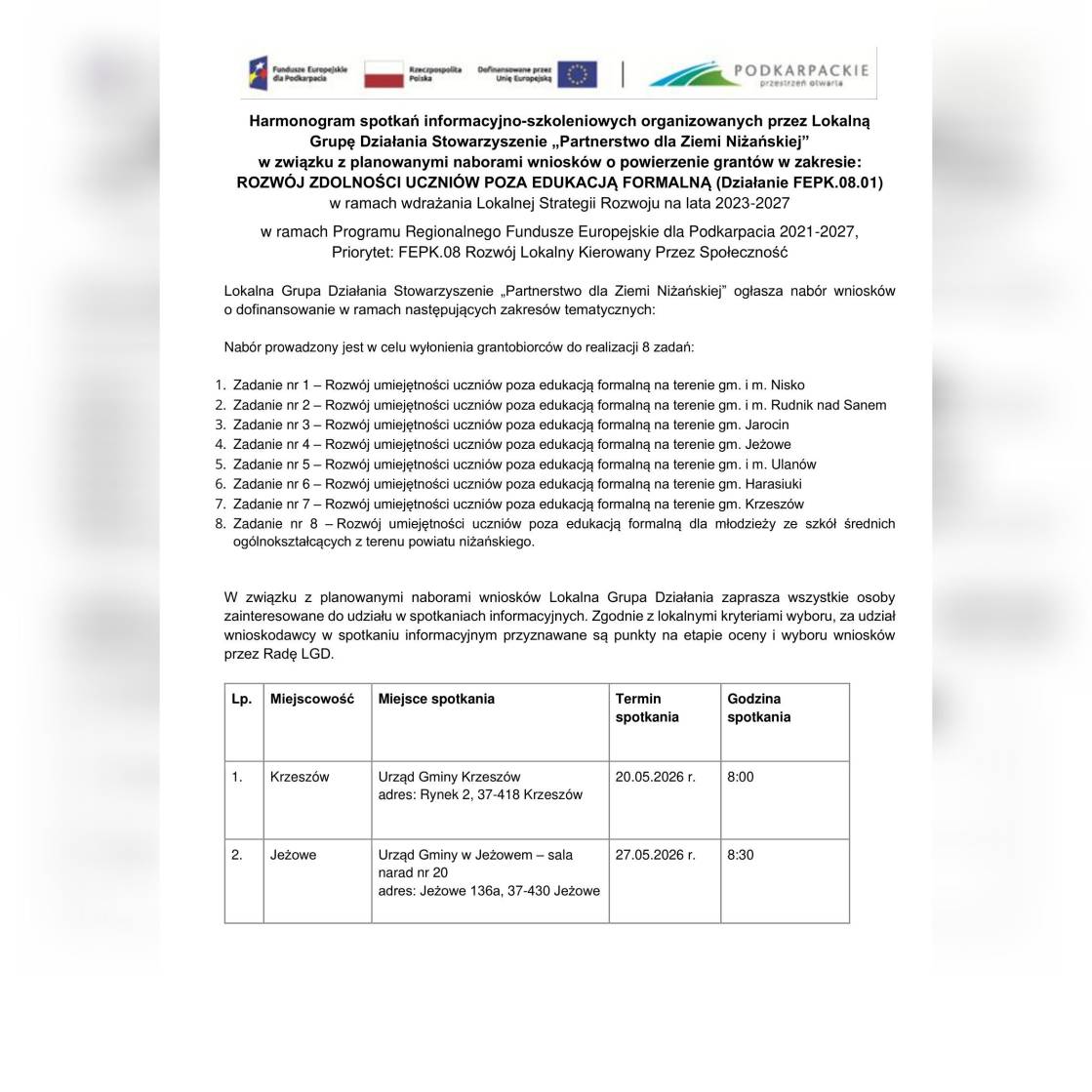Harmonogram spotkań informacyjno-szkoleniowych